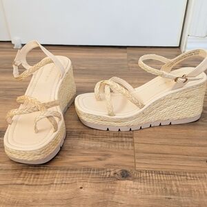 Madden Girl Women's Beige Raffia Wedge Platform Sandals With Ankle Strap 8.5